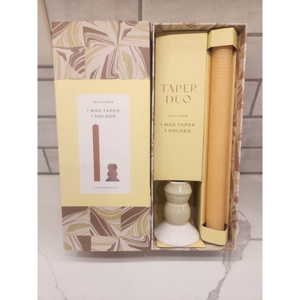 Anthropologie Taper Candle Duo 1 Wax Yellow‎ Taper Candle & 1 Holder New In Box